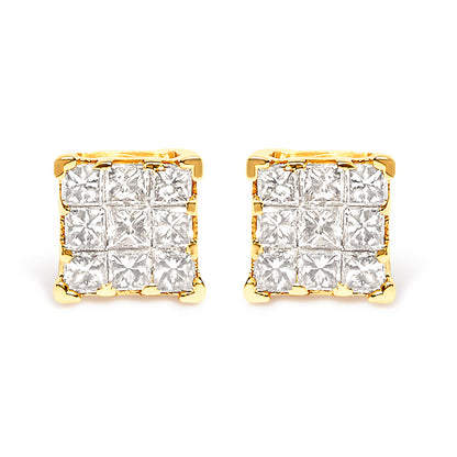 Ohrringe aus 14 Karat Gold mit 1/2 Karat Diamant, 9 Steine, quadratisch.