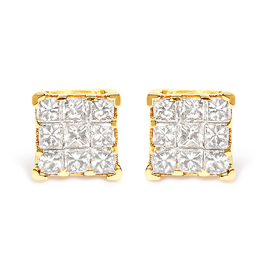 Ohrringe aus 14 Karat Gold mit 1/2 Karat Diamant, 9 Steine, quadratisch.