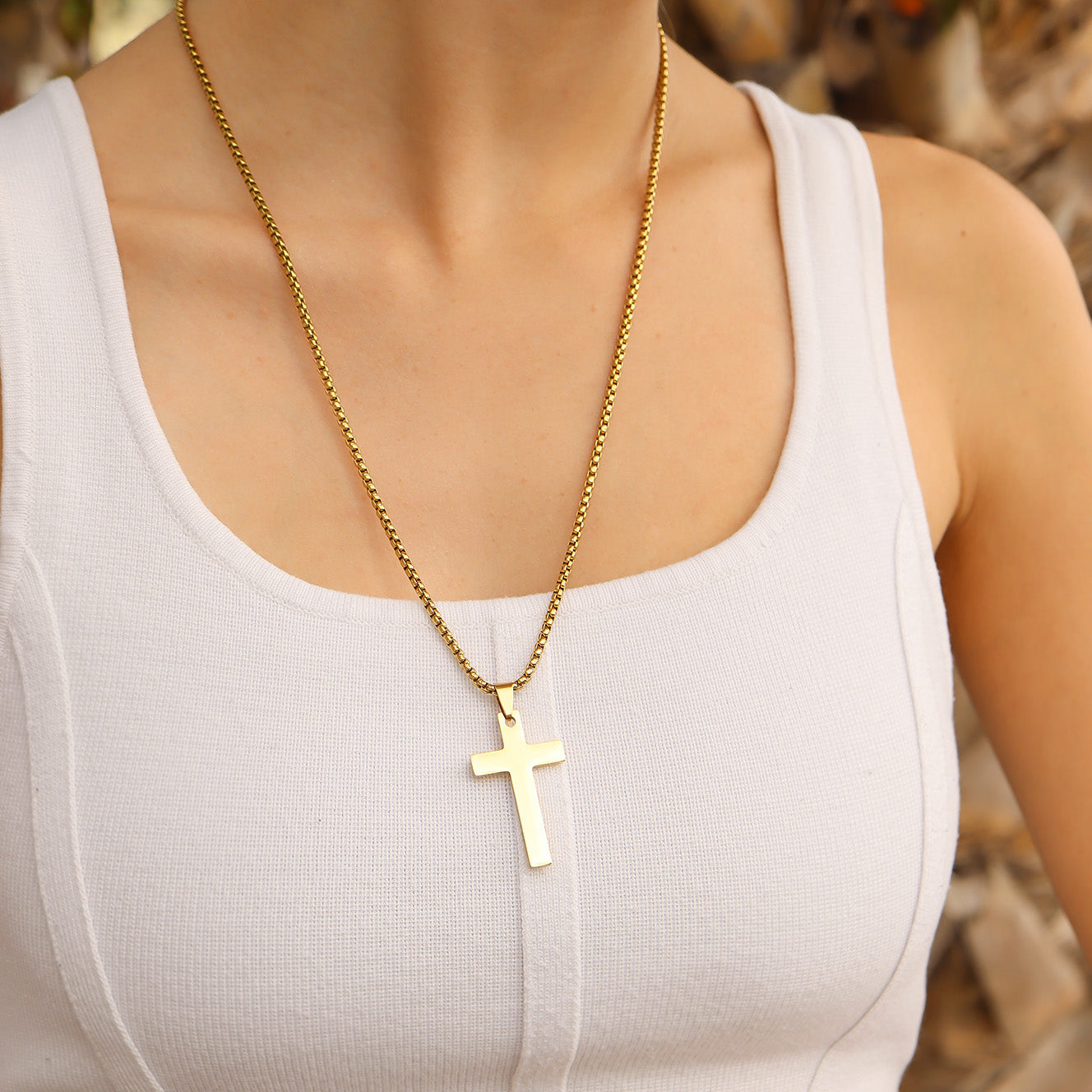 18K Gold PVD Stainless Steel Cross Pendant With Rounded Box Chain / SBB0291