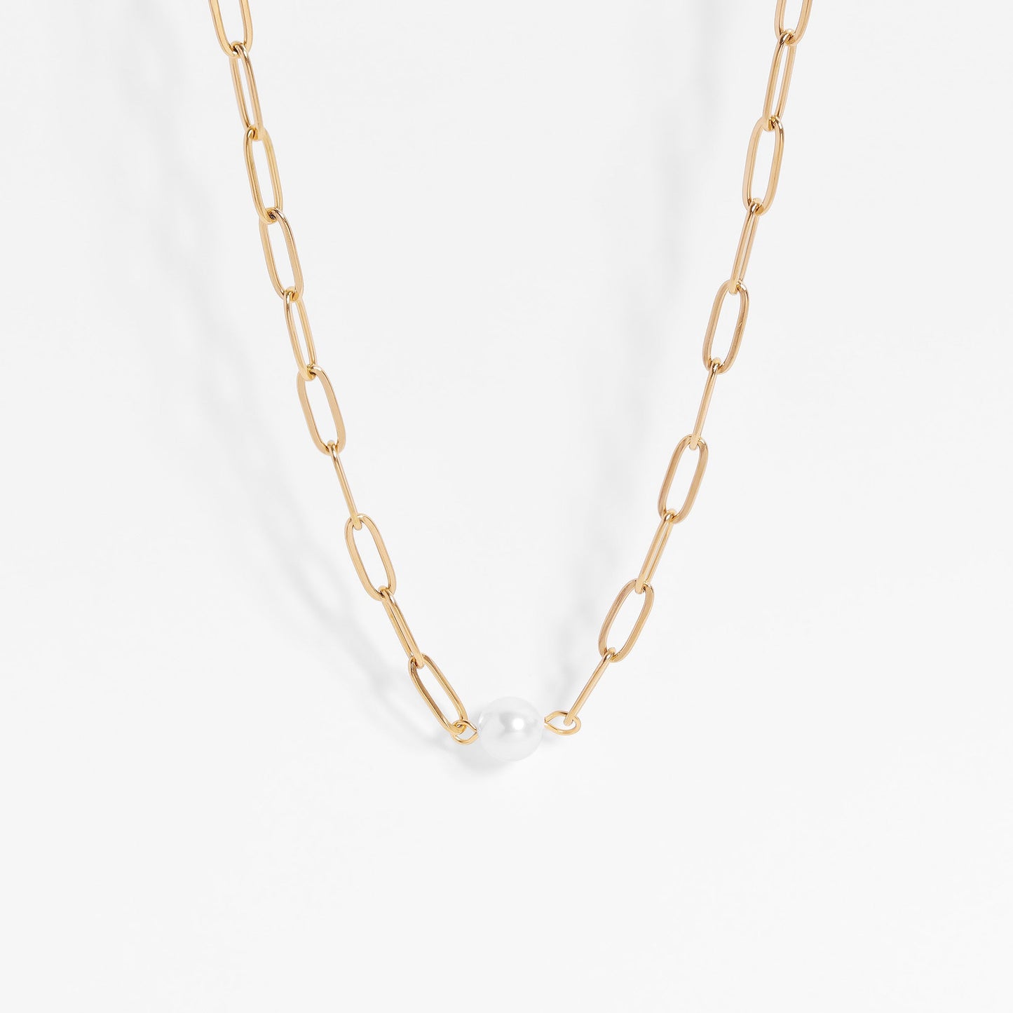 18K Gold PVD Stainless Steel Paperclip Necklace With Pearl / CHN9956