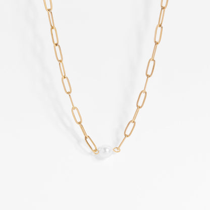 18K Gold PVD Stainless Steel Paperclip Necklace With Pearl / CHN9956