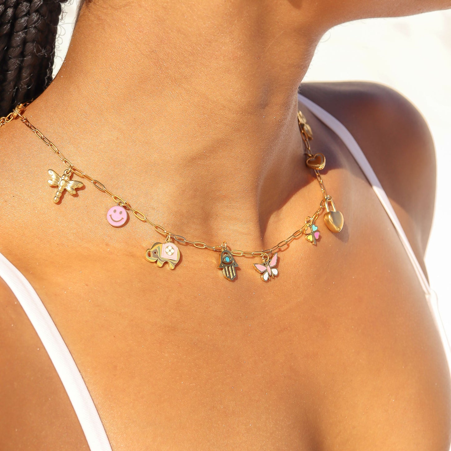 18K Gold PVD Stainless Steel Epoxy Pink and White Butterfly Charm / PDL0030