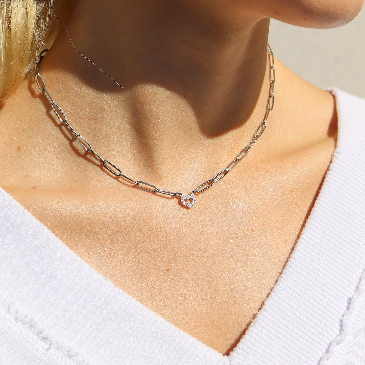 18K Gold PVD Stainless Steel Stone "Heart" Paperclip Chain Necklace / CHN9976