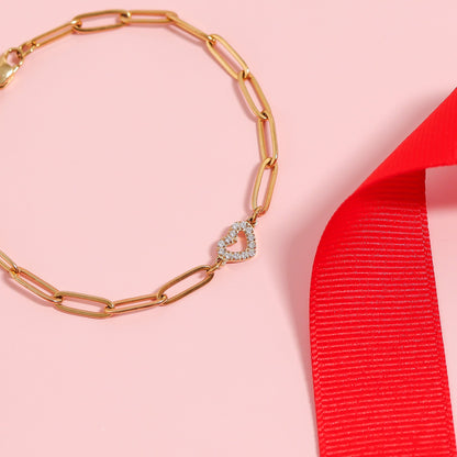 18K Gold PVD Stainless Steel Stone "Heart" Paperclip Chain Bracelet / BRJ1006