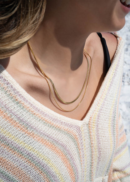 18K Gold PVD Stainless Steel Herringbone and Snake Layered Chain Necklace / CHN0025