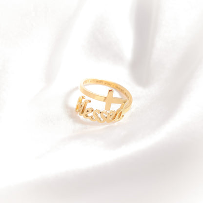 18K Gold PVD Stainless Steel Adjustable "Blessed" Ring / KSS0007