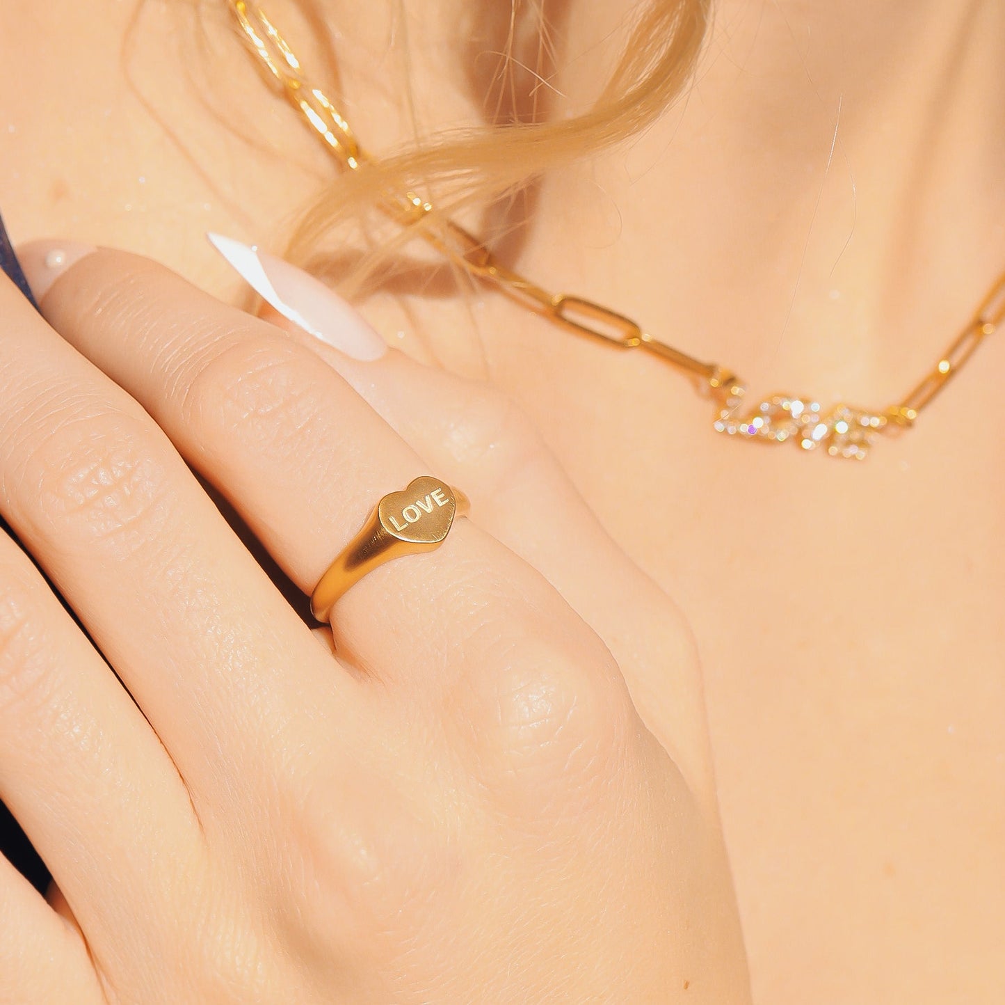 18K Gold PVD Stainless Steel Love Heart Signet Ring / ESR0005