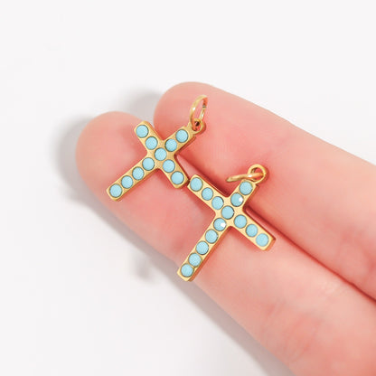 18K Gold PVD Stainless Steel Turquoise Stone Cross Charm / PDL0230