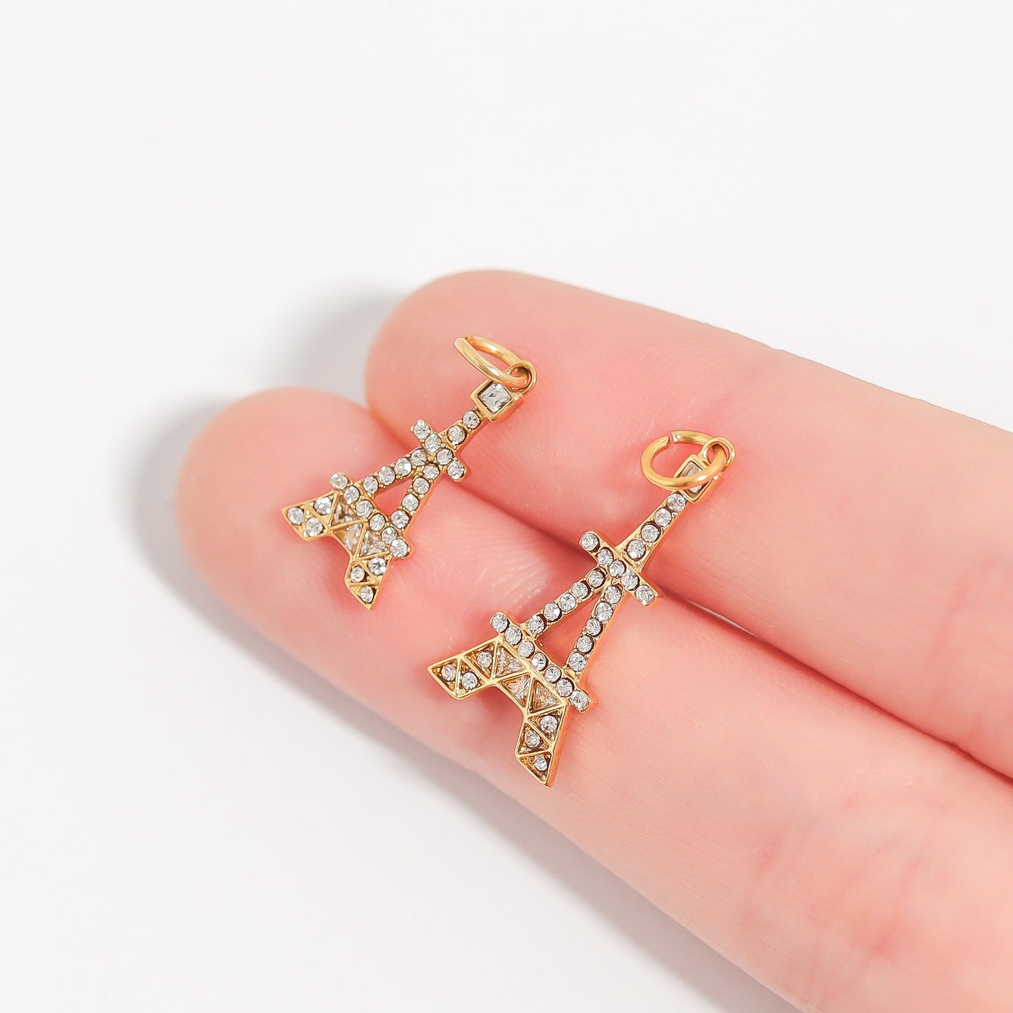 18K Gold PVD Stainless Steel and Clear Stone Eiffel Tower Charm / PDL0235