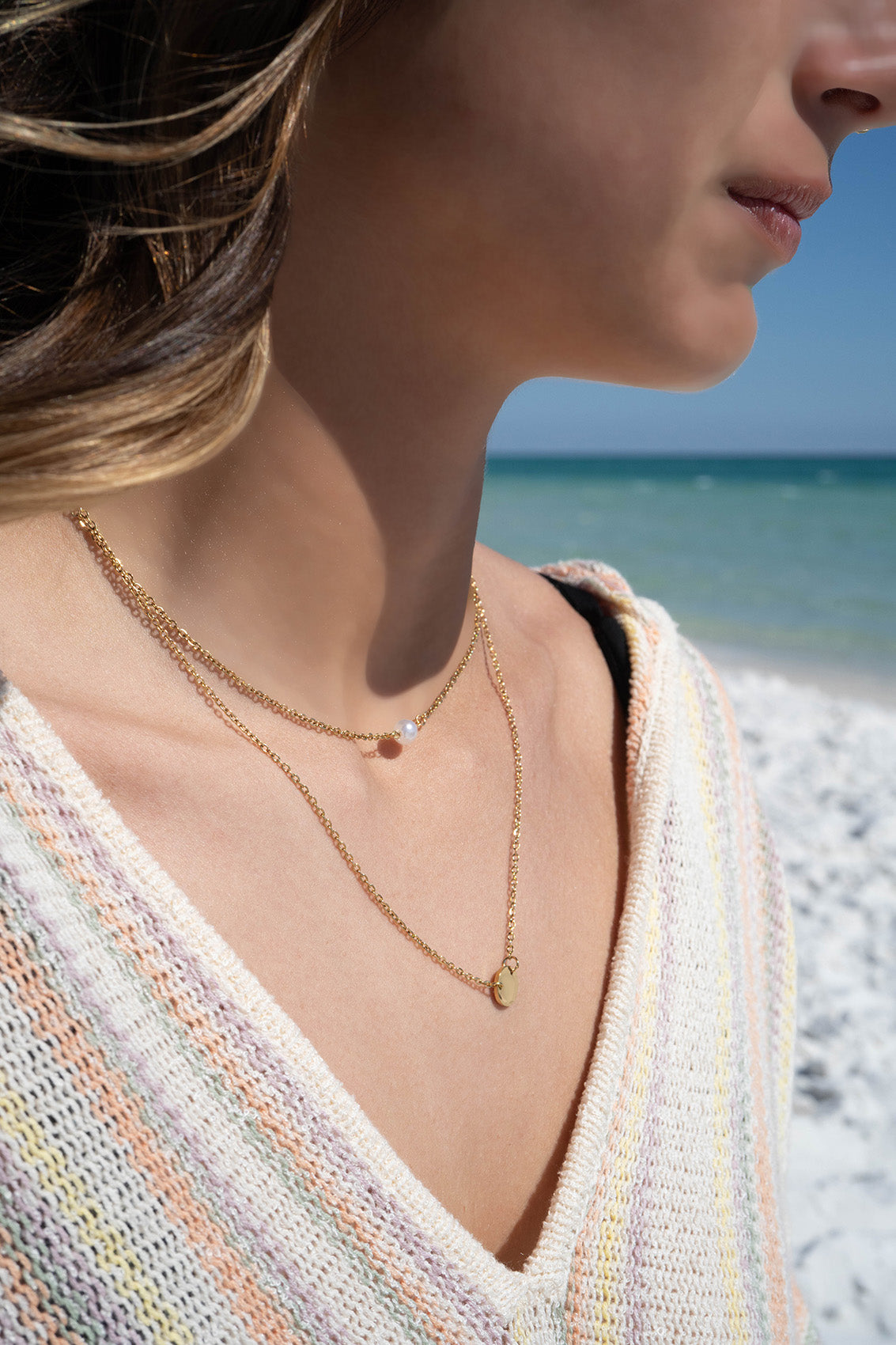 18K Gold PVD Stainless Steel Pearl and Blank Disk Layered Charm Necklace / CHN0004