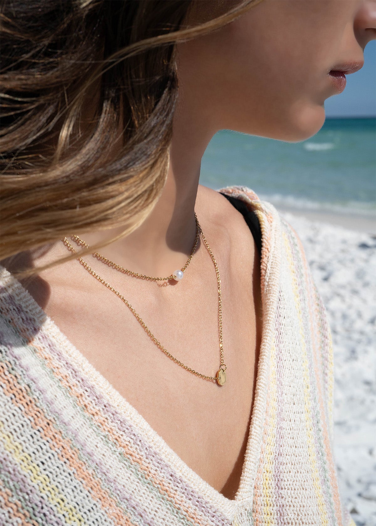 18K Gold PVD Stainless Steel Pearl and Blank Disk Layered Charm Necklace / CHN0004