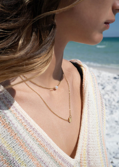 18K Gold PVD Stainless Steel Pearl and Blank Disk Layered Charm Necklace / CHN0004