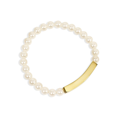 18K Gold PVD Stainless Steel Pearl Engravable Stretch Curved Bar Bracelet / SBB0321