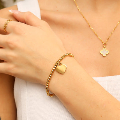 18K Gold PVD Stainless Steel Beaded Blank Heart Stretch Bracelet / SBB0273