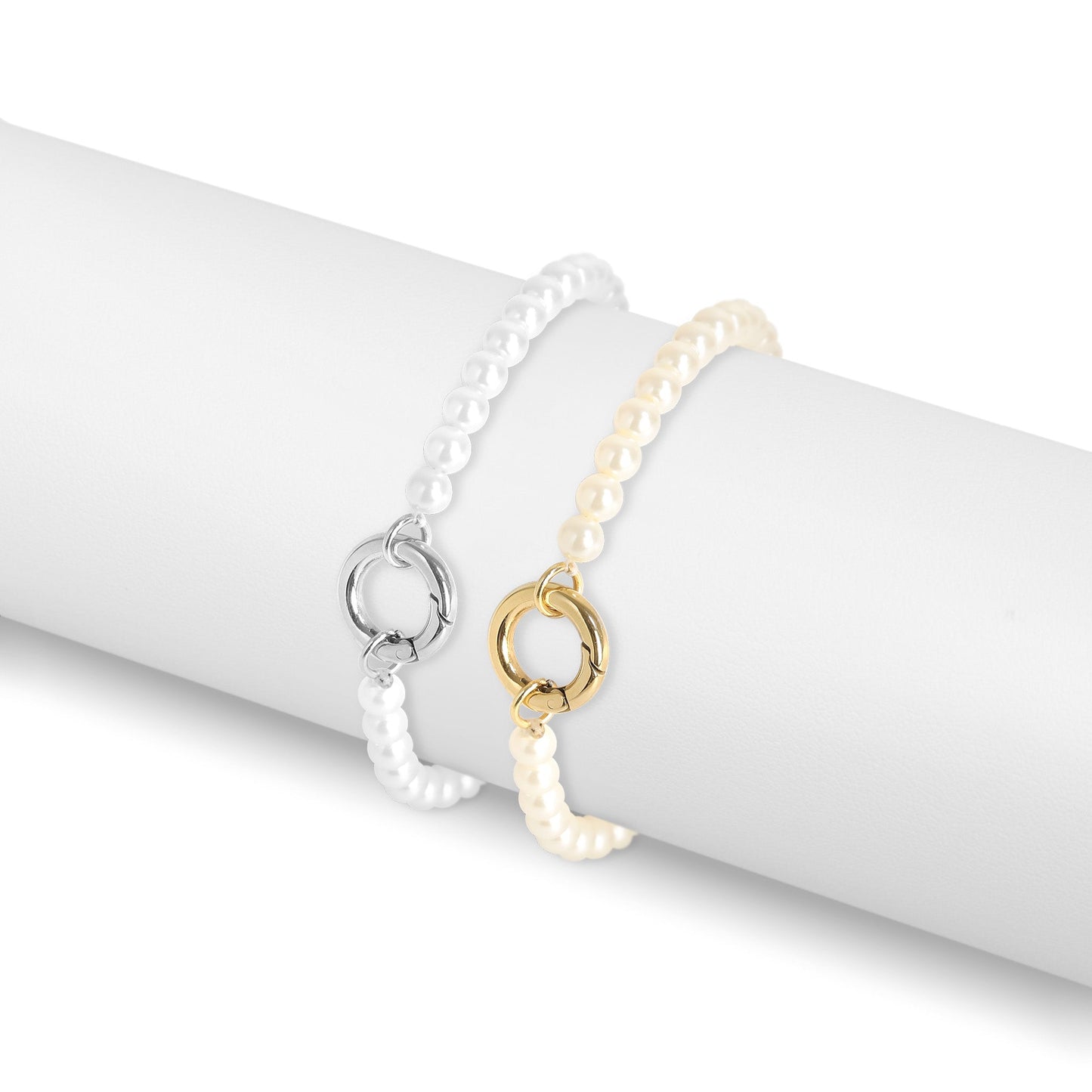 18K Gold PVD Stainless Steel Glass Pearl Charm Keeper Bracelet / SBB0337