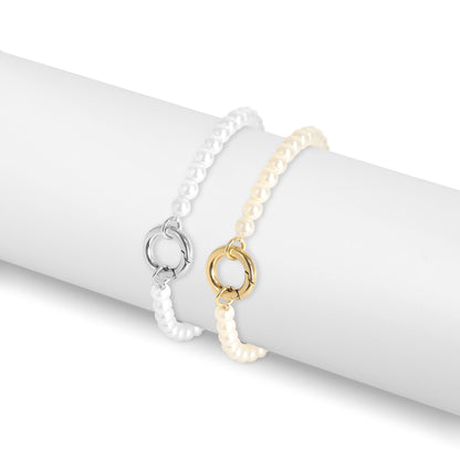 18K Gold PVD Stainless Steel Glass Pearl Charm Keeper Bracelet / SBB0337