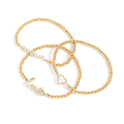 18K Gold PVD Stainless Steel Stone Amour Metal Beaded Stretch Bracelet / BRJ1015