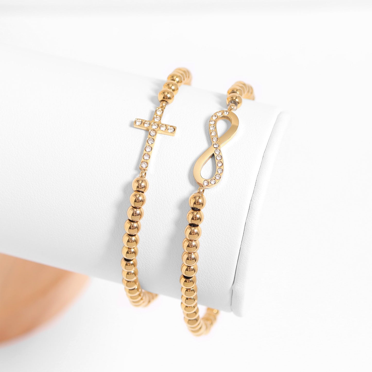 18K Gold PVD Stainless Steel Stone Cross Metal Beaded Stretch Bracelet / BRJ1019