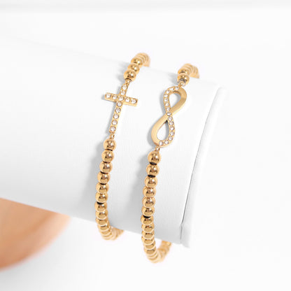 18K Gold PVD Stainless Steel Stone Cross Metal Beaded Stretch Bracelet / BRJ1019