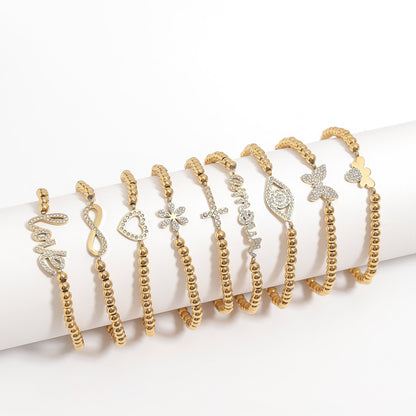 18K Gold PVD Stainless Steel Stone Amour Metal Beaded Stretch Bracelet / BRJ1015