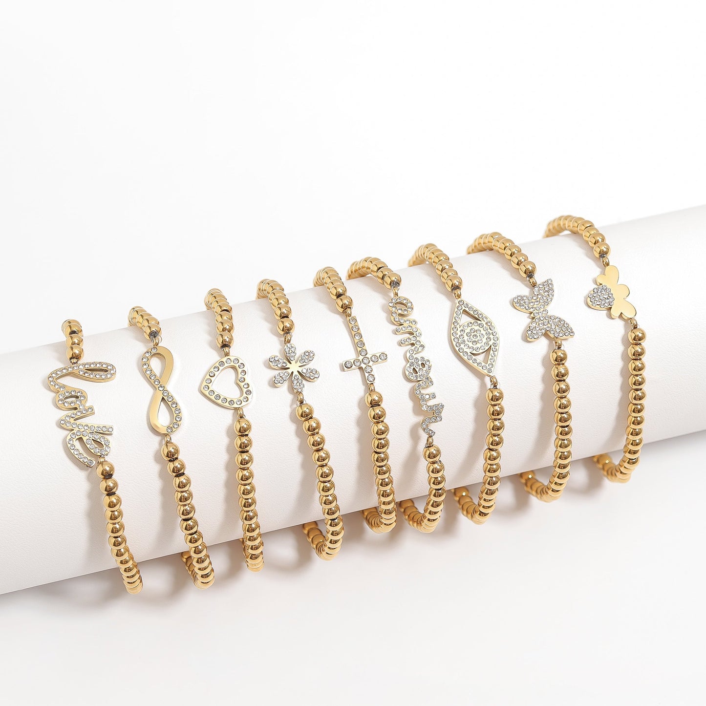 18K Gold PVD Stainless Steel Stone Infinity Sign Metal Beaded Stretch Bracelet / BRJ1017