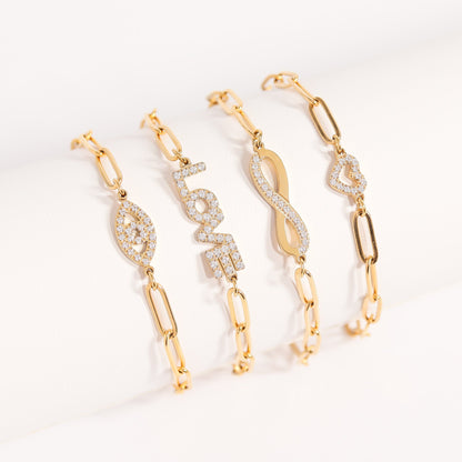 18K Gold PVD Stainless Steel Stone "Evil Eye" Paperclip Chain Bracelet / BRJ1005