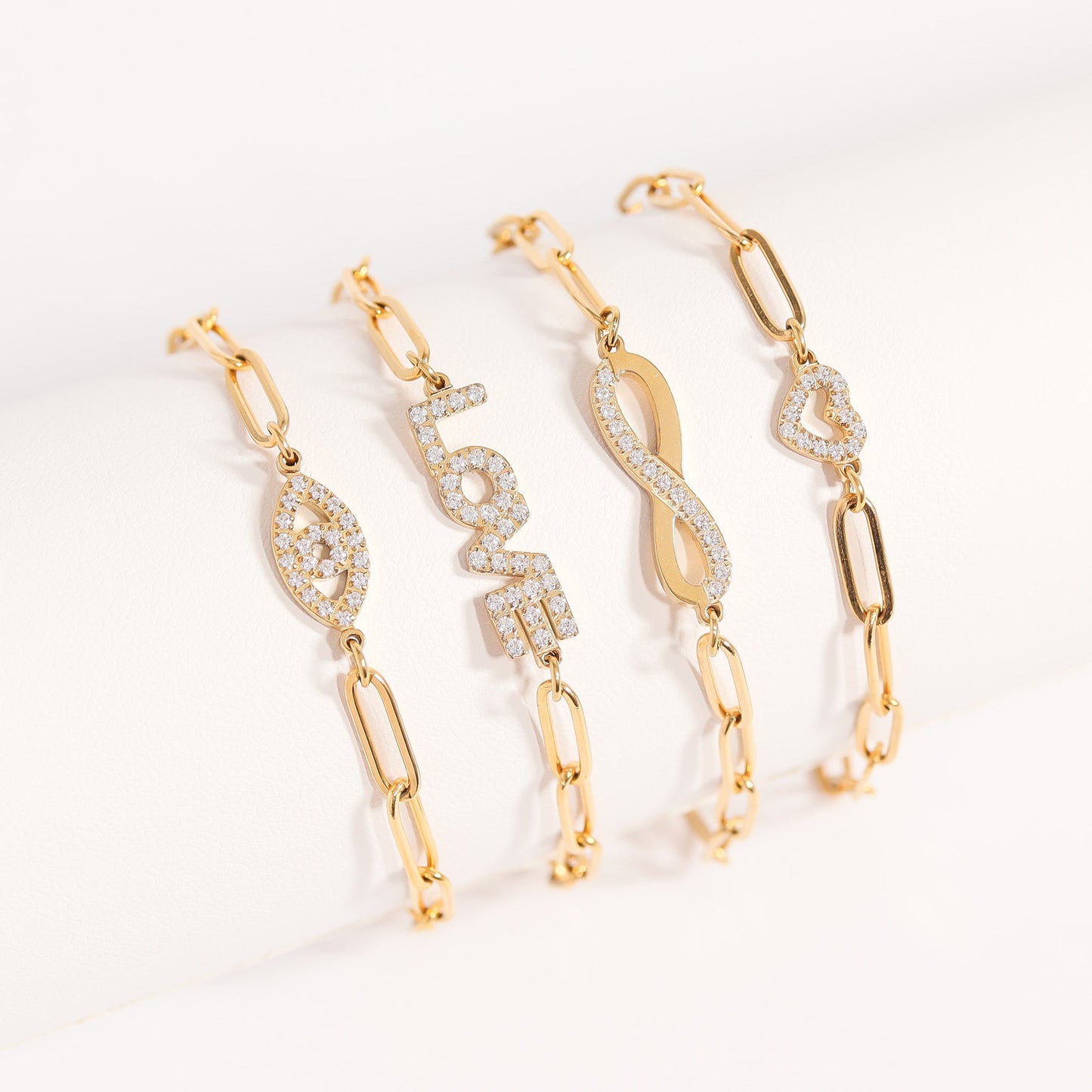 18K Gold PVD Stainless Steel CZ "Love" Paperclip Chain Bracelet / BRJ1004