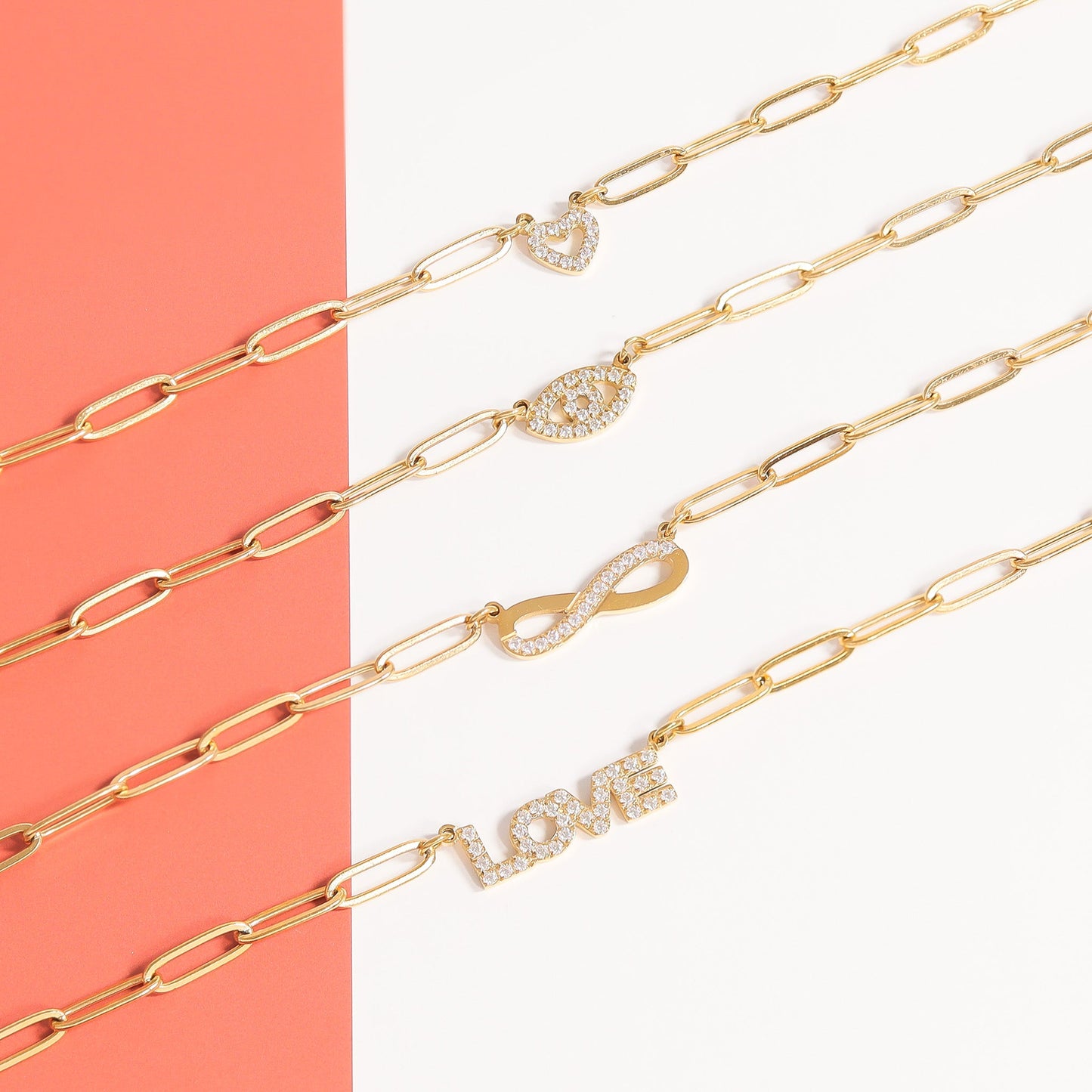 18K Gold PVD Stainless Steel Stone "Love" Paperclip Chain Necklace / CHN9974