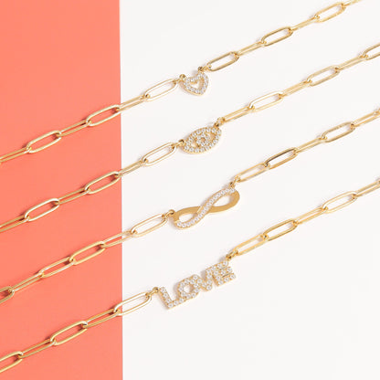 18K Gold PVD Stainless Steel Stone "Love" Paperclip Chain Necklace / CHN9974