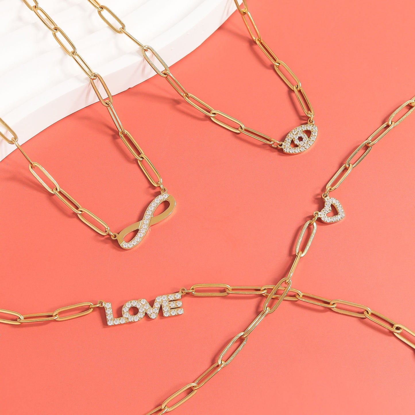 18K Gold PVD Stainless Steel Stone "Love" Paperclip Chain Necklace / CHN9974