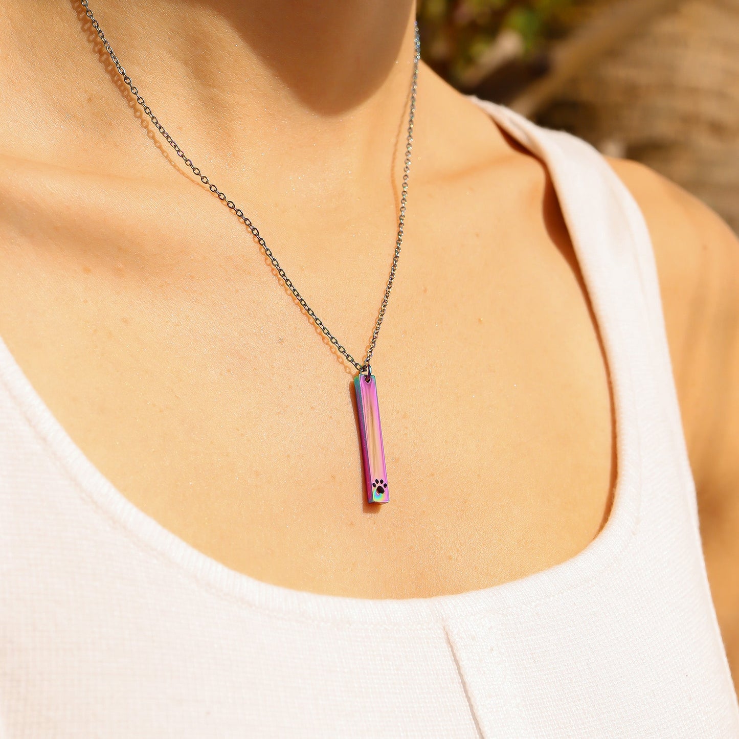 18K Gold PVD Stainless Steel Paw Print Cutout Vertical Blank Bar Necklace / SBB0300